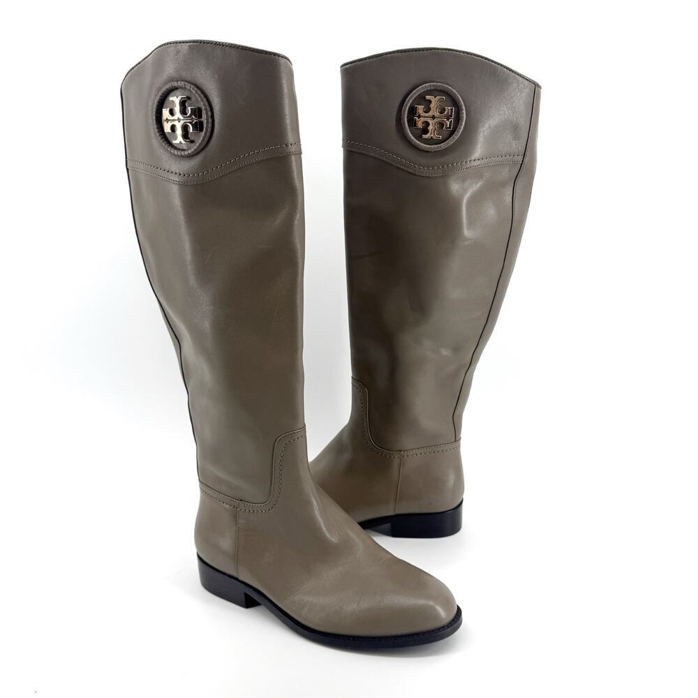 Tory Burch Ashlynn Knee-High Riding Boot - Leather Womens 6 M Gray Monogram NEW